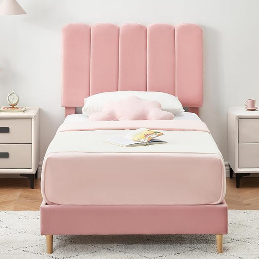 GarveeHome Twin Bed Frame, Upholstered Platform Bed with Wave Headboard for Girls/Kids, Easy Assembly, Wooden Slats Support, No Box Spring Needed, Velvet Pink