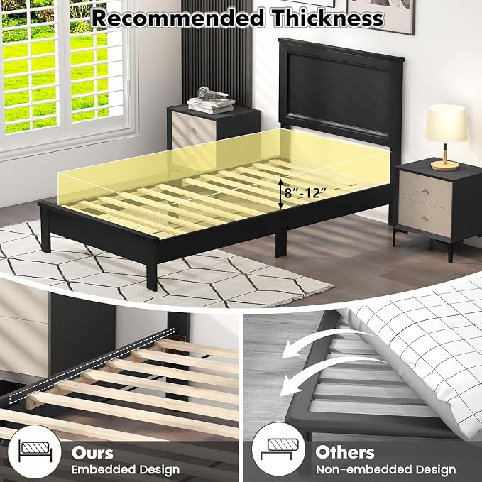 Wood Bed Frames with Headboard, Mid Century Bed Frame with Solid Wood Legs & Wooden Slat Support, Mattress Foundation Bed Base, No Box Spring Needed, (Black, Twin)