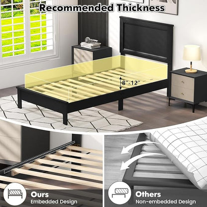 Wood Bed Frames with Headboard, Mid Century Bed Frame with Solid Wood Legs & Wooden Slat Support, Mattress Foundation Bed Base, No Box Spring Needed, (Black, Twin)