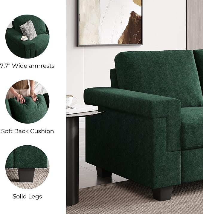 COPIAE 3 Seater Sofa Couch with Deep Seat, 90" Modern Upholstered Sofa with Armrests, Easy Installation, Comfy Couches for Living Room, Apartment, Green