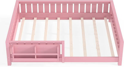 Bellemave Queen Size Floor Bed with Slats and Safety Guardrail, Queen Size Montessori Floor Bed with Fence and Built-in Bookshelf, Easy Assemble Montessori Beds for Girls, Boys, Pink