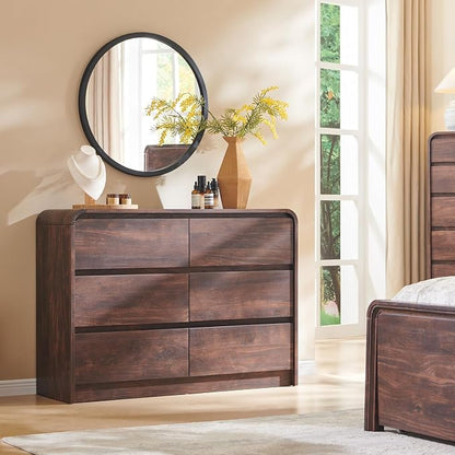 Aitjunz Modern 6 Drawers Dresser for Bedroom, 47" Wide Wood Dressers & Chests of Drawers w/Curved Profile Design, Mid Century Modern Dresser w/Natural Texture for Bedroom, Living Room, Brown