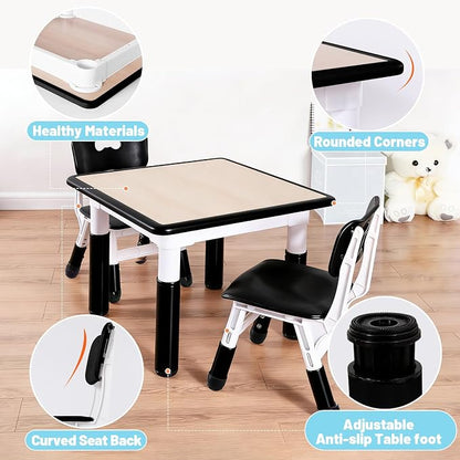 FUNLIO Kids Table and 4 Chairs Set, Height Adjustable Toddler Table and Chair Set for Ages 3-8, Easy to Wipe Arts & Crafts Table, for Classrooms/Daycares/Homes, CPC & CE Approved (5-Piece Set) - Black