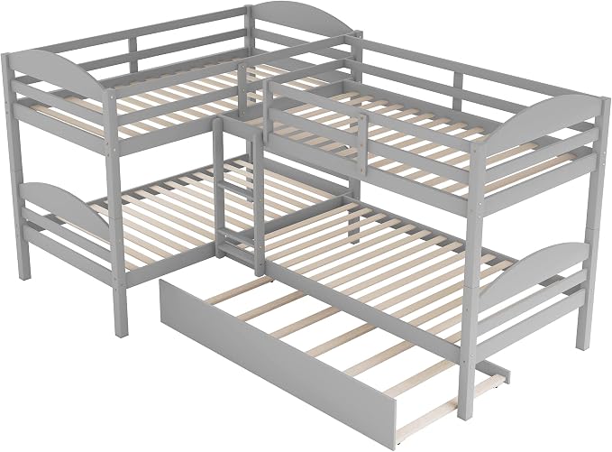 Flieks Four Bunk Bed Twin-Over-Twin-Over-Twin-Over-Twin L Shaped Bunk Bed with Trundle, Bunk Bed Can be Divided into 2 L-Shaped Beds for Accommodating 5, Family, Kids, Teens, No Box Spring Needed