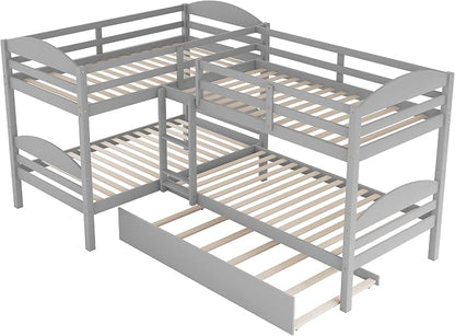 Flieks Four Bunk Bed Twin-Over-Twin-Over-Twin-Over-Twin L Shaped Bunk Bed with Trundle, Bunk Bed Can be Divided into 2 L-Shaped Beds for Accommodating 5, Family, Kids, Teens, No Box Spring Needed