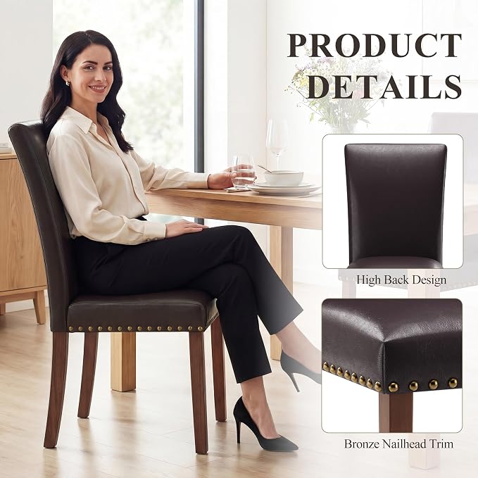 MALOL Dining Chairs Set of 4, High Back Dining Chair with Wood Legs and Nailhead Trim, Modern Padded Kitchen Room Chairs for Dining Room/Restaurant, Dark Brown