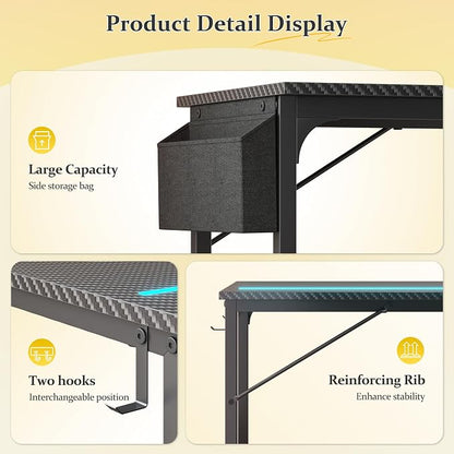 DurayLoly 40" Gaming Desk with Waterproof LED Lights, Carbon Fiber Desktop for Small Spaces | Home Office Study Computer Desk with Storage Bag & Headphone Hook, Black