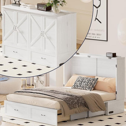 ijuicy Queen Murphy Cabinet Bed, with Mattress, Storage & Charge, White | Queen Murphy Bed Built-in multifunctional charging station & storage drawers, space-saving foldaway design for guest room.