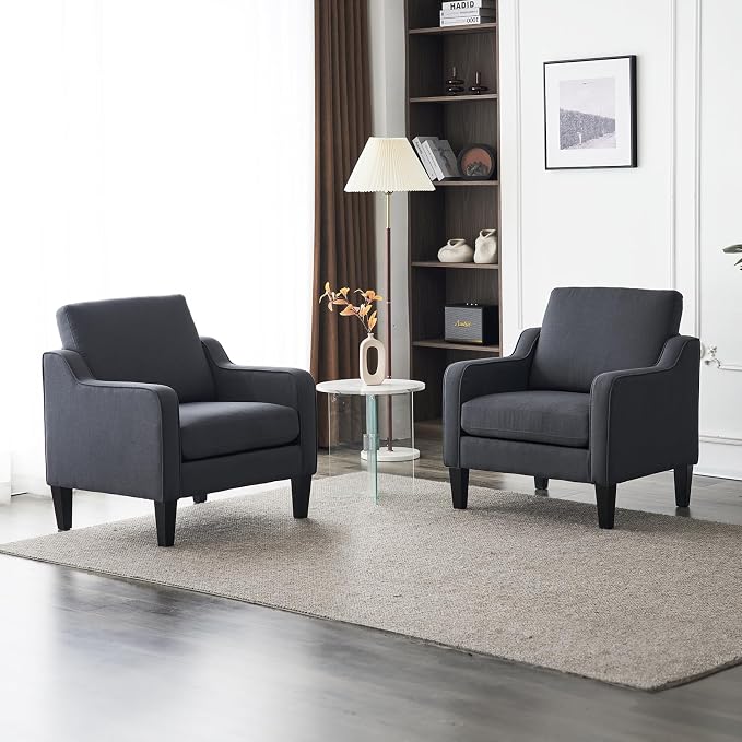 VINGLI Sofa Accent Chairs Set of 2, Comfy Armchair for Living Room Bedroom | Dark Grey, Upholstered Armchair, Premium Linen Fabric, Thick Padded Cushion, Ergonomic Back Support, Versatile for Any Space