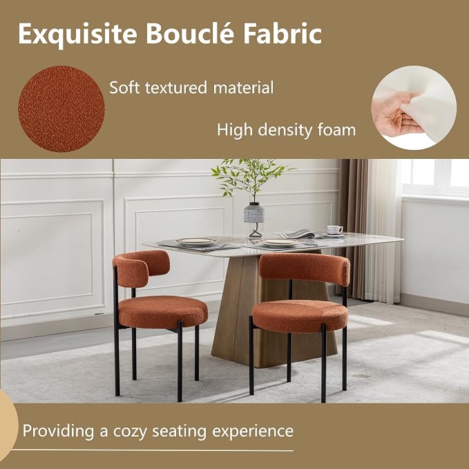 Boucle Dining Chairs Set of 2, Rust Dining Chairs with Upholstered Seat and Round Back, Mid-Century Modern Kitchen Chairs for Dining Room, Restaurant