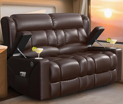 RV Loveseat Recliner Sofa, Reclining Loveseat Home Theater Seating with USB Ports, Cup Holders, Insert Pockets, Wall Hugger RV Recliners for Movie Room, Recline Movie Seats Gaming Sofa, Brown