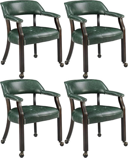 LEEMTORIG Set of 4 Large Dining Chairs with Casters and Arms, Rolling Dining Chairs with Wheels, Game Poker Chairs, Boss Caption's Chairs, 26" Dx25.2 Wx31.5 H, Espresso Legs & Green PU, XXY-1910-GN
