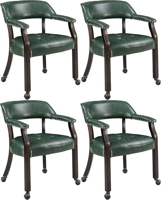 LEEMTORIG Set of 4 Large Dining Chairs with Casters and Arms, Rolling Dining Chairs with Wheels, Game Poker Chairs, Boss Caption's Chairs, 26" Dx25.2 Wx31.5 H, Espresso Legs & Green PU, XXY-1910-GN