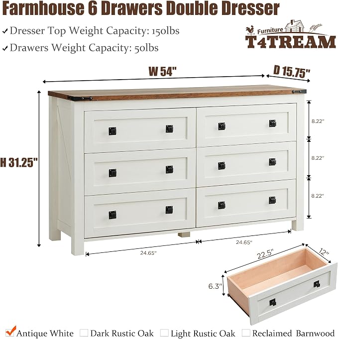 T4TREAM 54" Wide Farmhouse 6-Drawer Dresser for Bedroom, Antique White | Rustic, Wood Storage Cabinet, Metal Handle, Unique Corner Accent, Bedroom, Living Room, Hallway