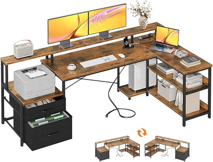 ODK 75" L Shaped Desk with File Drawers, Work from Home Office Desk with Power Outlet, Reversible Computer Desk with Storage Shelves, Gaming Desk with Monitor Shelf, Corner WFM Table, Vintage