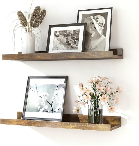 Floating Shelves for Wall Decor, Wall Mounted Wood Storage Shelf for Bedroom, Living Room, Bathroom, Kitchen, Nursery, Rustic Display Picture Ledge Shelf with Lip Set of 2-16 Inches, Brown