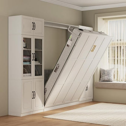 Bobve Farmhouse Murphy Bed Queen, 85" Wall Bed Folds to Save Space, Concealed Bed Frame with 2 Glass Storage Cabinets and Wall Mounted Features for Apartment/Office/Guest Room