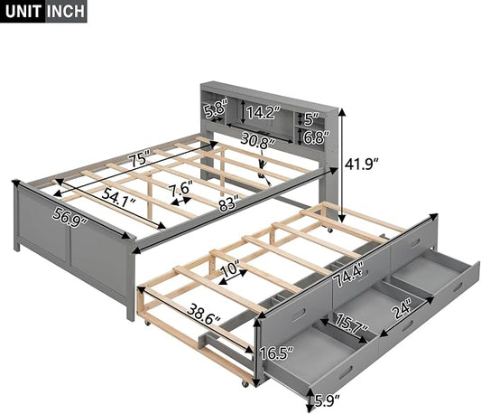 Merax Full Size Platform Bed with Storage Headboard, USB, Wood Bedframe with Twin Size Trundle and 3 Drawers, Grey