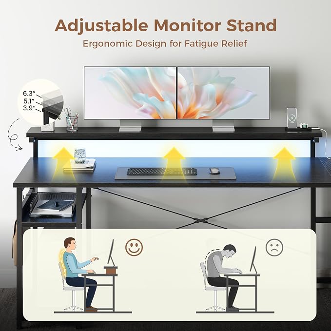 AODK 69" L Shaped Desk with Drawer, Computer Desk with Power Outlets & LED Lights, Reversible Corner Gaming Desks for Home Office Workstation, Office Table with Monitor Shelf, Black