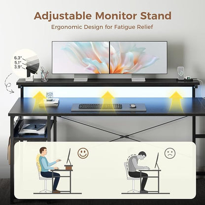 AODK 69" L Shaped Desk with Drawer, Computer Desk with Power Outlets & LED Lights, Reversible Corner Gaming Desks for Home Office Workstation, Office Table with Monitor Shelf, Black