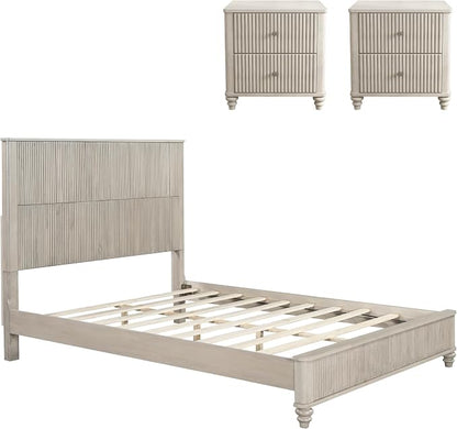 3-Pieces Bedroom Sets, Queen Size Platform Bed with 2 Nightstands, Solid Wood Platform Bed Frame with Tall Headboard and Classic American Turned Legs (Beige-5.25, Queen)