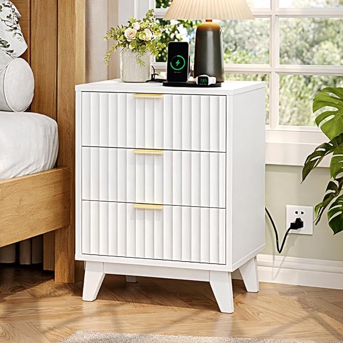 VINGLI White Nightstands Set of 2 with Charging Station, Fluted White Night Stand Bedside Table with Drawers for Bedroom, Fluted Bedside Table/End Table/Side Table, 17.72" W*13.78" D*23.62" H, 2 pcs