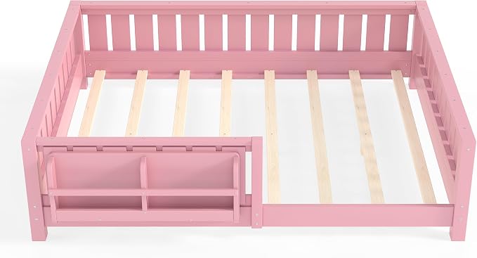 Bellemave Full Size Floor Bed with high Rails and with Built-in Bookshelf for Kids, Girls, Boys, Wood Montessori Floor Bed Without Door, Pink