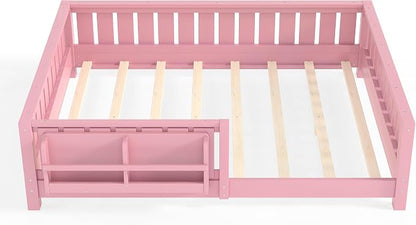Bellemave Full Size Floor Bed with high Rails and with Built-in Bookshelf for Kids, Girls, Boys, Wood Montessori Floor Bed Without Door, Pink