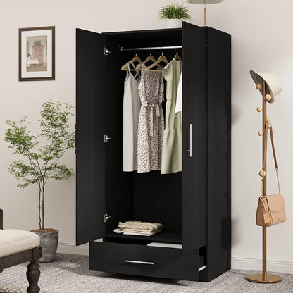 Wardrobe Armoire Closet with 2 Doors, Freestanding Wardrobe Cabinet with Drawer & Hanging Rod, Bedroom Armoire Clothes Organizer, Type C Black (31.5" W x 18.9" D x 66.9" H)