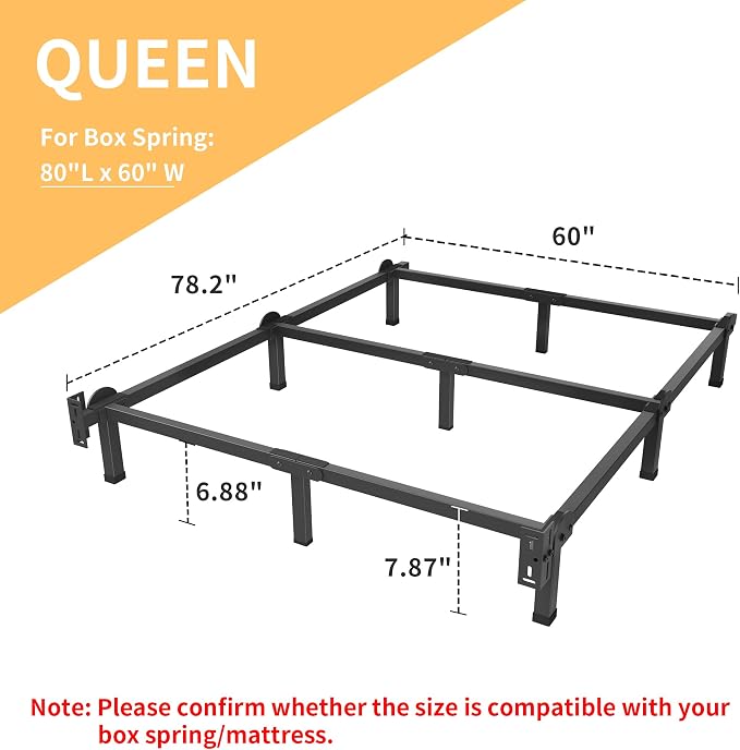 Superay Metal Bed Frame, 9-Leg Bed Base, 8 inches Support for Box Spring, Queen, Easy Assembly, Black