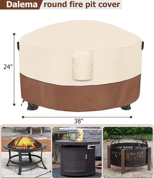 Fire Pit Cover,Outdoor Heavy Duty 600D 100% Waterproof Fire Pit Cover Round,Weatherproof Firepit Covers Round 38" Dia x 24" H,Beige & Brown