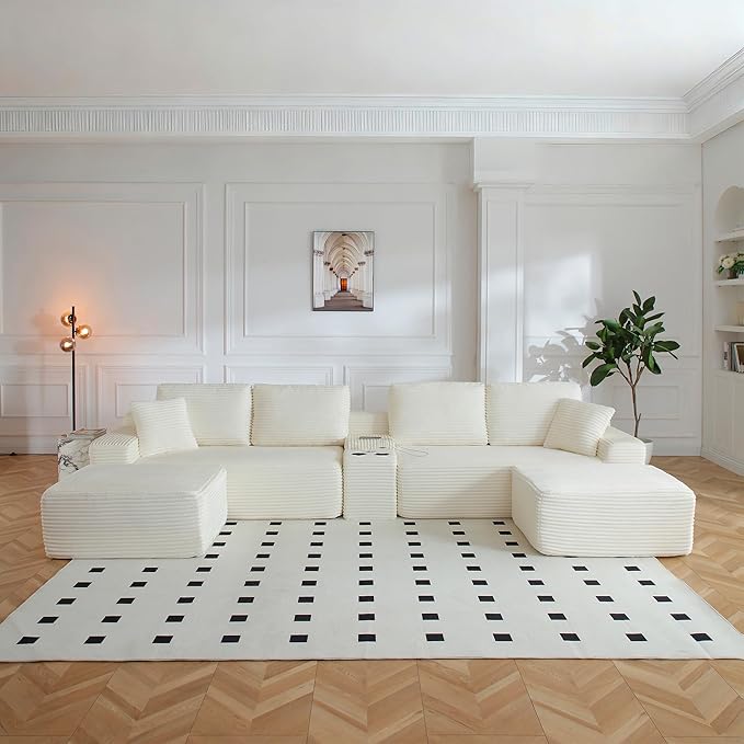 ivoros 125 Inch Modular Sectional Sofa Couch, Oversized Modern Cloud Couch for Living Room, U Shape Couches with 2 Ottomans, USB Ports and Cup Holders, Beige Corduroy Boneless Sofas, Sofa in a Box