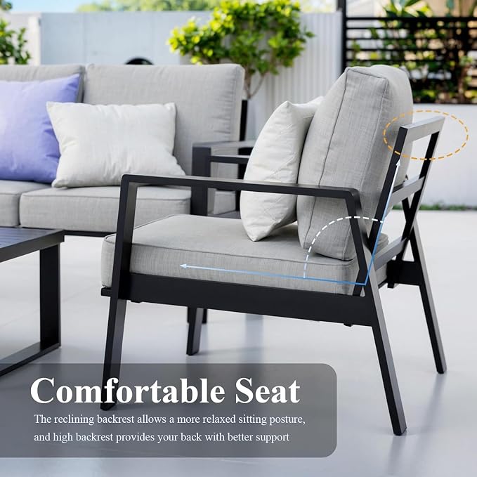 Aluminum Outdoor Patio Furniture Set, 4 Piece Sectional Coversation Sets with Coffee Table, Modern Outdoor Sofa Couch with Thick Cushions for Porch, Balcony, Garden, Light Gray