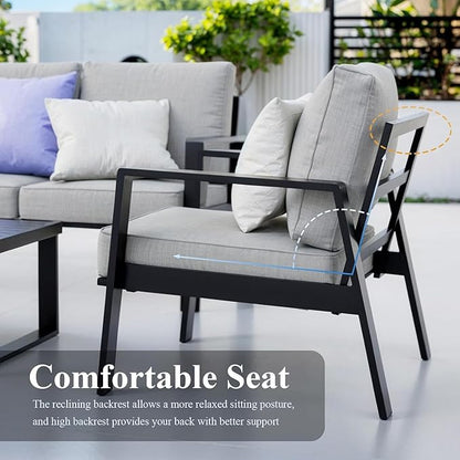 Aluminum Outdoor Patio Furniture Set, 5 Piece Sectional Coversation Sets with Coffee Table, Modern Outdoor Sofa Couch with Thick Cushions for Porch, Balcony, Garden, Lingt Gray
