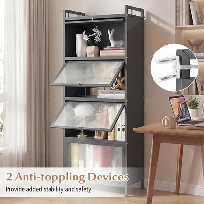 Giantex 5-Tier Kitchen Storage Cabinet, Freestanding Metal Pantry Cabinet w/ 4 Flip-up PC Doors, 4 Hooks & Adjustable Feet, 60” Tall Bakers Rack Microwave Stand for Dining Room, Living Room, Grey