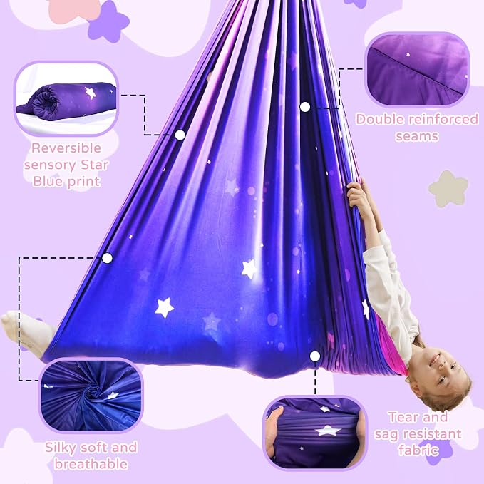 Sensory Swing for Kids Indoor & Outdoor Double Layer Therapy Cuddle Hammock Chair with 360 Swivel Hanger Kit Adjustable Swing for Child and Adult with Aspergers Autism ADHD (Galaxy Purple)