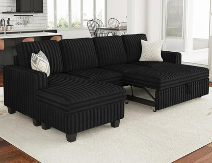Belffin Modular Sectional Sofa with Storage Chaise Corduroy Sleeper Sofa with Pull Out Bed L Shaped Couch for Living Room. Apartment Couch. Black