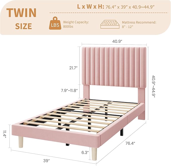 IDEALHOUSE Twin Bed Frame with Adjustable Headboard, Velvet Upholstered Platform Bed Frame Twin Size, Vertical Channel Tufted, Strong Wooden Slats, No Box Spring Needed, Easy Assembly, Pink