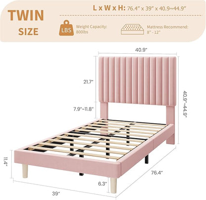 IDEALHOUSE Twin Bed Frame with Adjustable Headboard, Velvet Upholstered Platform Bed Frame Twin Size, Vertical Channel Tufted, Strong Wooden Slats, No Box Spring Needed, Easy Assembly, Pink