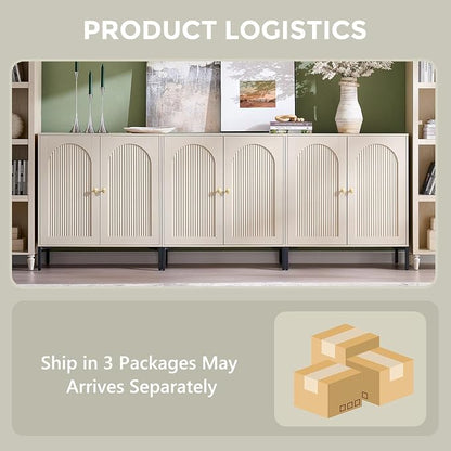 IFGET Modern Buffet Cabinet with Storage, 92.63" W Fluted Arched Sideboard Cabinet w/Adjustable Shelves, Wooden Modular Coffee Bar for Dining Room, Kitchen, Living Room, Entryway, Cream
