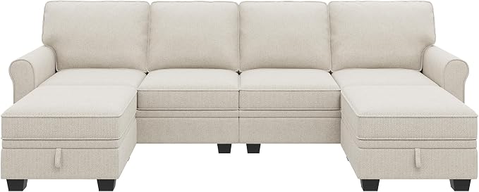 HONBAY Convertible Sectional Sofa with Storage U Shaped Sectional Couch with Reversible Chaise Small Sectional Couches for Living Room,Beige