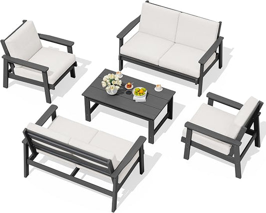 SERWALL HDPE Patio Furniture Set, 5 Piece All Weather Wood-Like Sectional Outdoor Furniture Set, Grey Patio Sofa Couch with Khaki Cushions for Deck, Lawn