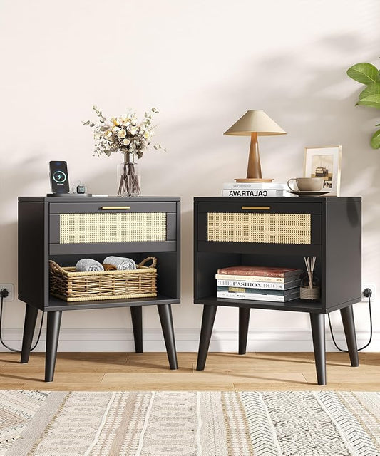 Keehusux Rattan Nightstands Set of 2, Night Stands with Charging Station & Drawer, Bedside Tables with Open Storage & Solid Wood Legs, Boho End Side Table for Bedroom, Black and Natural KES07BME02CTG