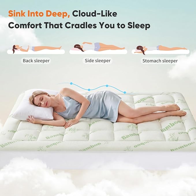 Sweetcrispy Ultra Soft Mattress Topper Queen Size - Viscose Made from Bamboo Pillow Top Mattress Pad for Breathable Cooling & Back Pain Relief, Deep Pocket Comfort Bed Topper, Green