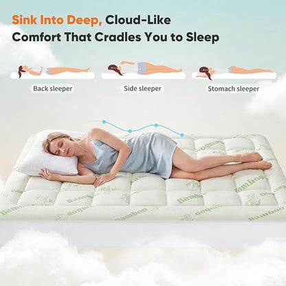 Sweetcrispy Ultra Soft Mattress Topper Queen Size - Viscose Made from Bamboo Pillow Top Mattress Pad for Breathable Cooling & Back Pain Relief, Deep Pocket Comfort Bed Topper, Green