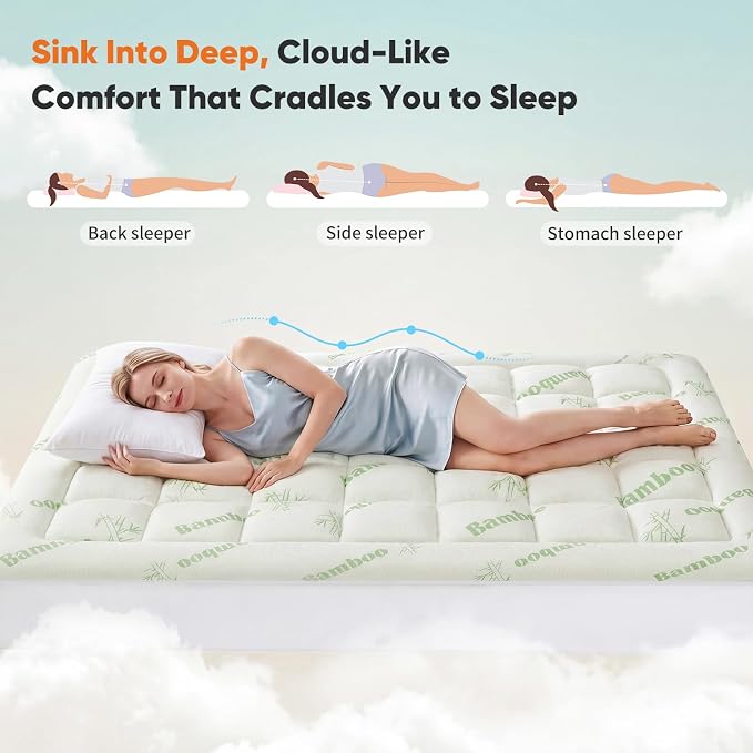 Sweetcrispy Ultra Soft Mattress Topper King Size - Viscose Made from Bamboo Pillow Top Mattress Pad for Breathable Cooling & Back Pain Relief, Deep Pocket Comfort Bed Topper, Green