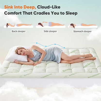 Sweetcrispy Ultra Soft Mattress Topper King Size - Viscose Made from Bamboo Pillow Top Mattress Pad for Breathable Cooling & Back Pain Relief, Deep Pocket Comfort Bed Topper, Green