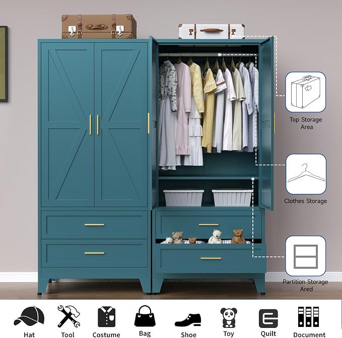 Steel Armoire Wardrobe Closet, 71" Metal Clothing Storage Cabinets with 2 Doors, 2 Drawers and 1 Adjustable Shelf, Blue Wardrobe Cabinet with Hanging Rod for Bedroom, Gym