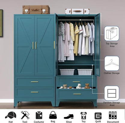 Steel Armoire Wardrobe Closet, 71" Metal Clothing Storage Cabinets with 2 Doors, 2 Drawers and 1 Adjustable Shelf, Blue Wardrobe Cabinet with Hanging Rod for Bedroom, Gym