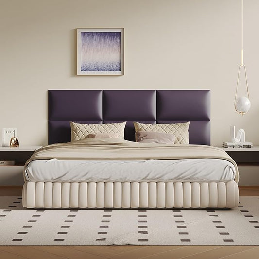 Purple Faux Leather Headboard for Queen Bed - 9-Panel Peel & Stick Wall-Mount or Freestanding Design, 24x12-Inch Upholstered Panels